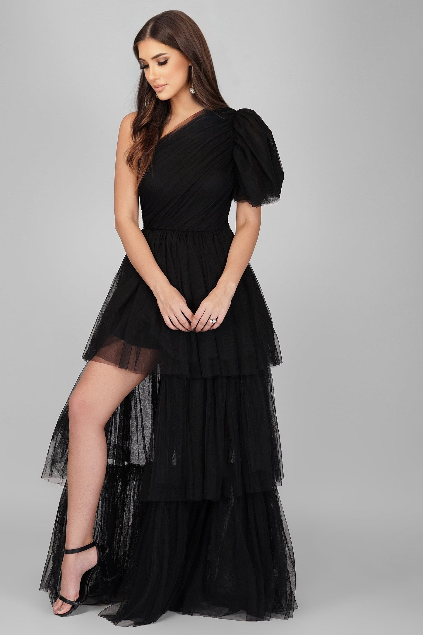 Rowena One Shoulder Tulle Gown In Black