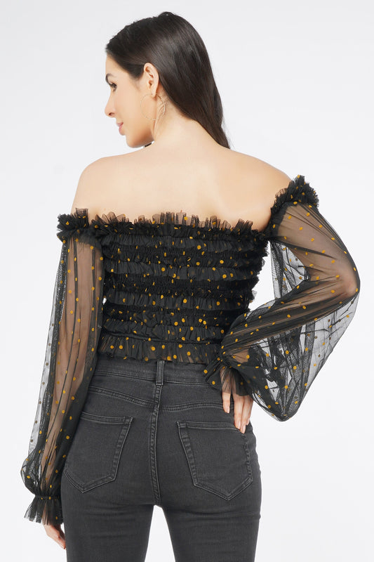 Rolf Black Tulle Top With Gold Polka