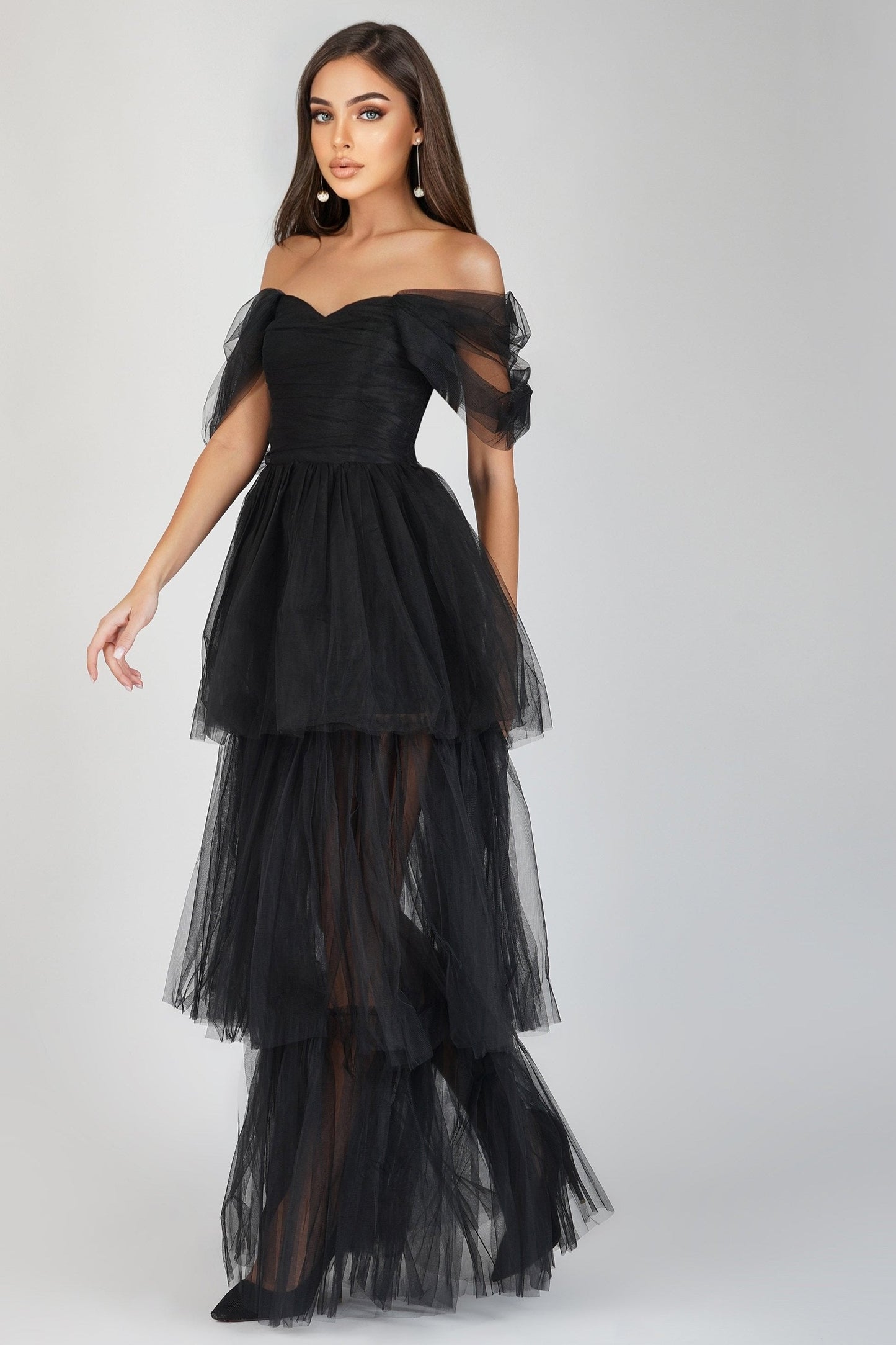 Sydney Off Shoulder Tulle Maxi Dress In Black