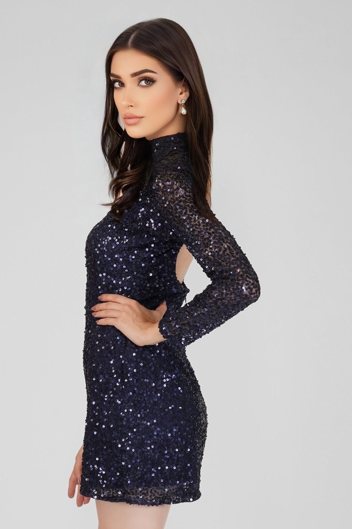  Athena Long Sleeve Sequin Mini Dress In Dark Blue