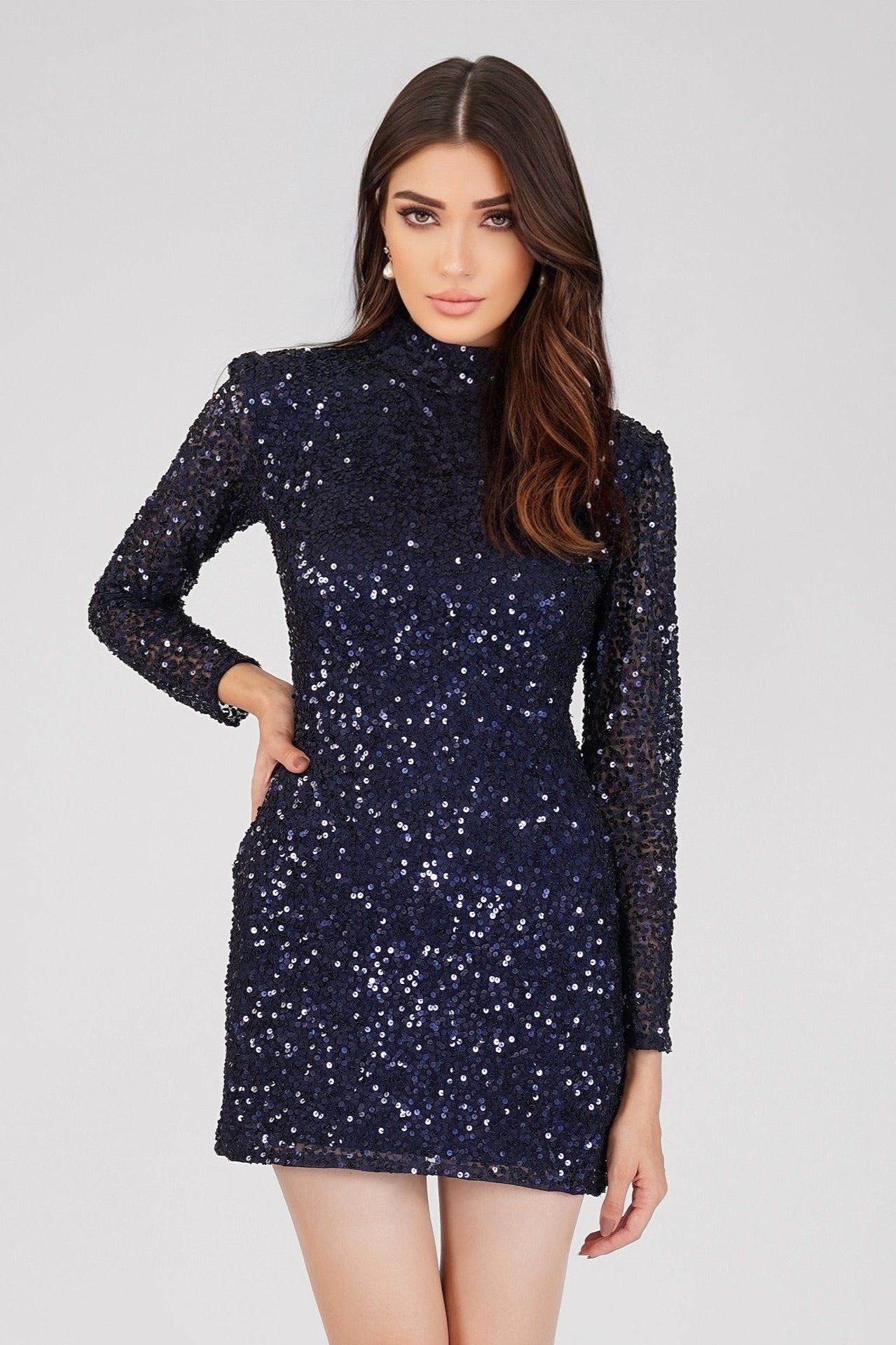  Athena Long Sleeve Sequin Mini Dress In Dark Blue
