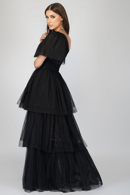  Rowena One Shoulder Tulle Gown In Black