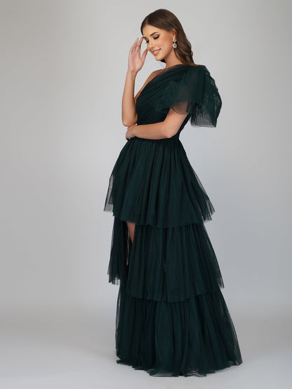  Rowan Emerald Green One Shoulder Tulle Gown