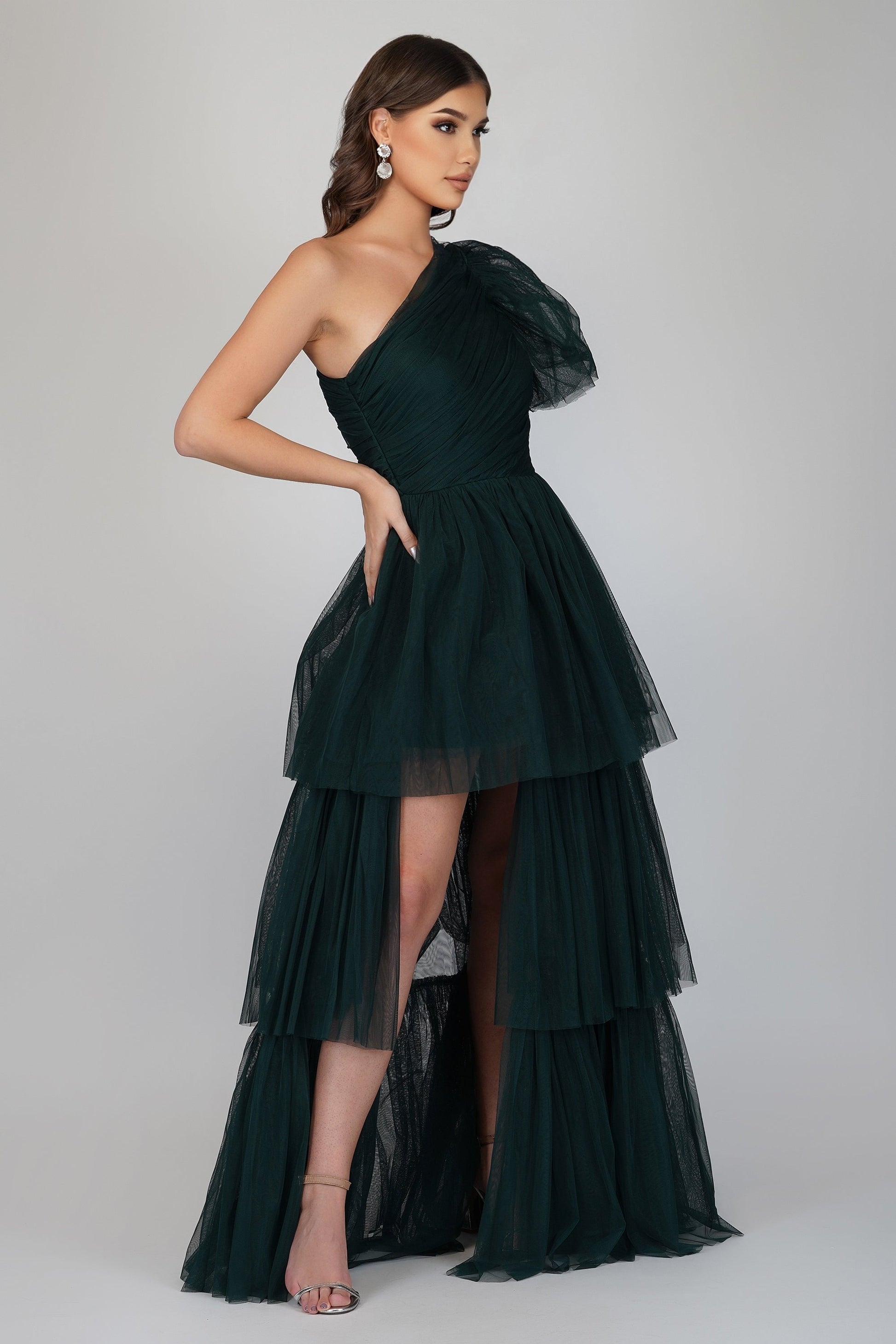  Rowan Emerald Green One Shoulder Tulle Gown