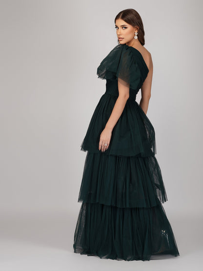  Rowan Emerald Green One Shoulder Tulle Gown