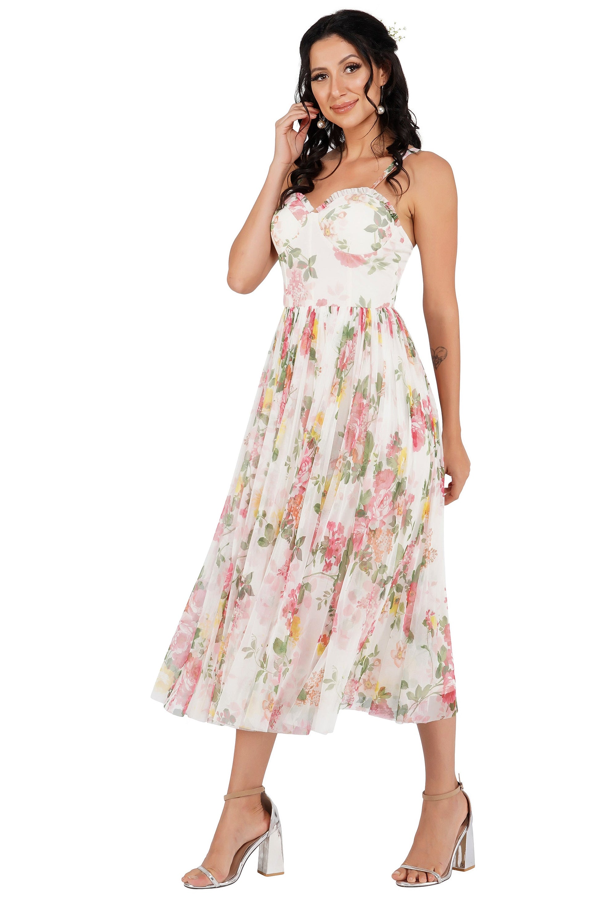  Dane Floral Tulle Corset Midi Dress