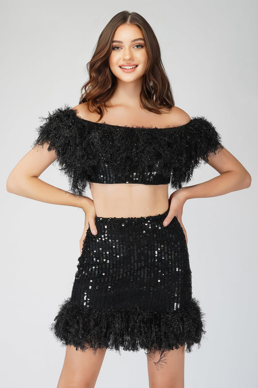  Zuri Sequin Black Feather Skirt