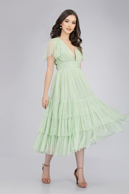  Madison Sage Green Tulle Bridesmaid Midi Dress