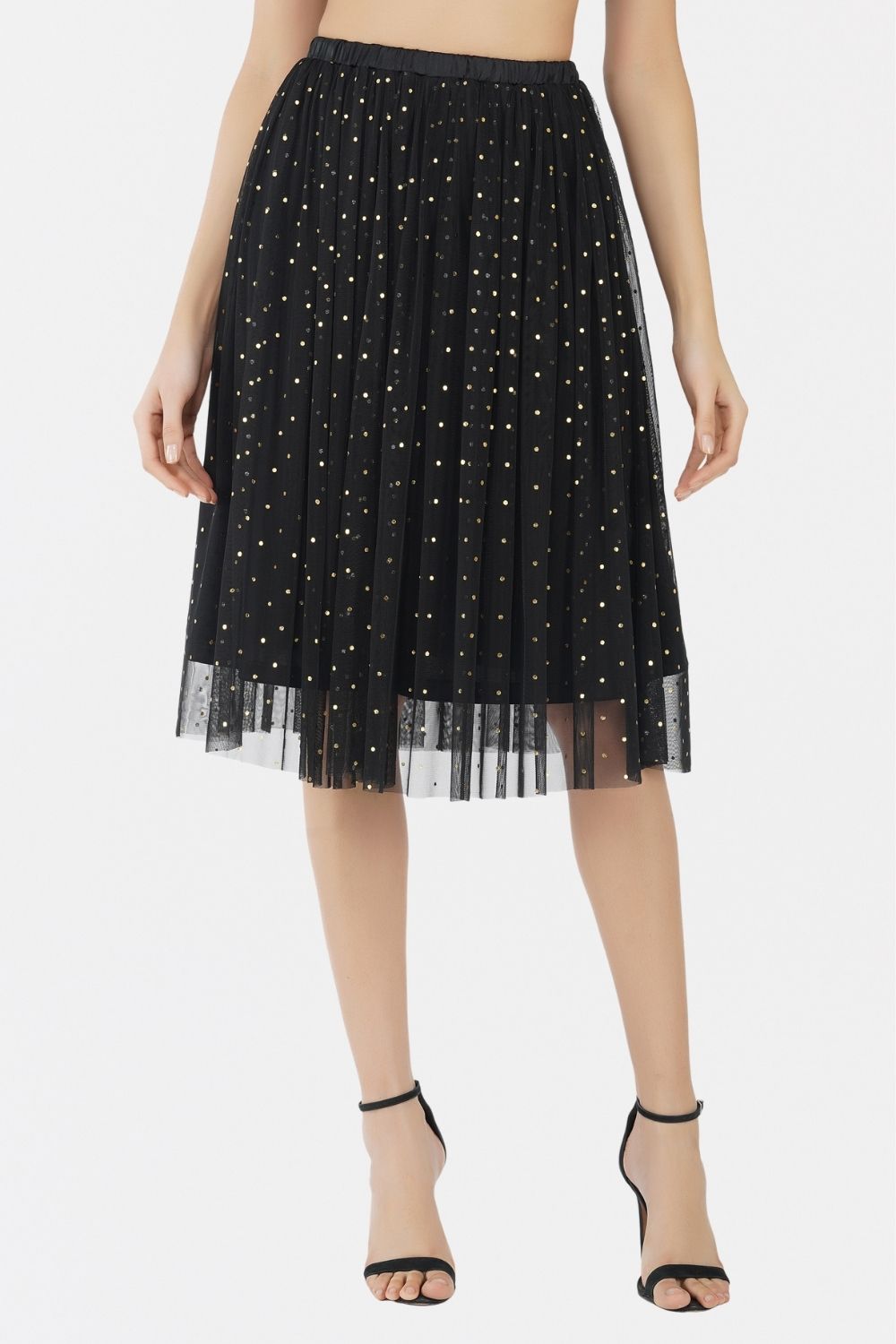  Val Black And Gold Tulle Midi Skirt