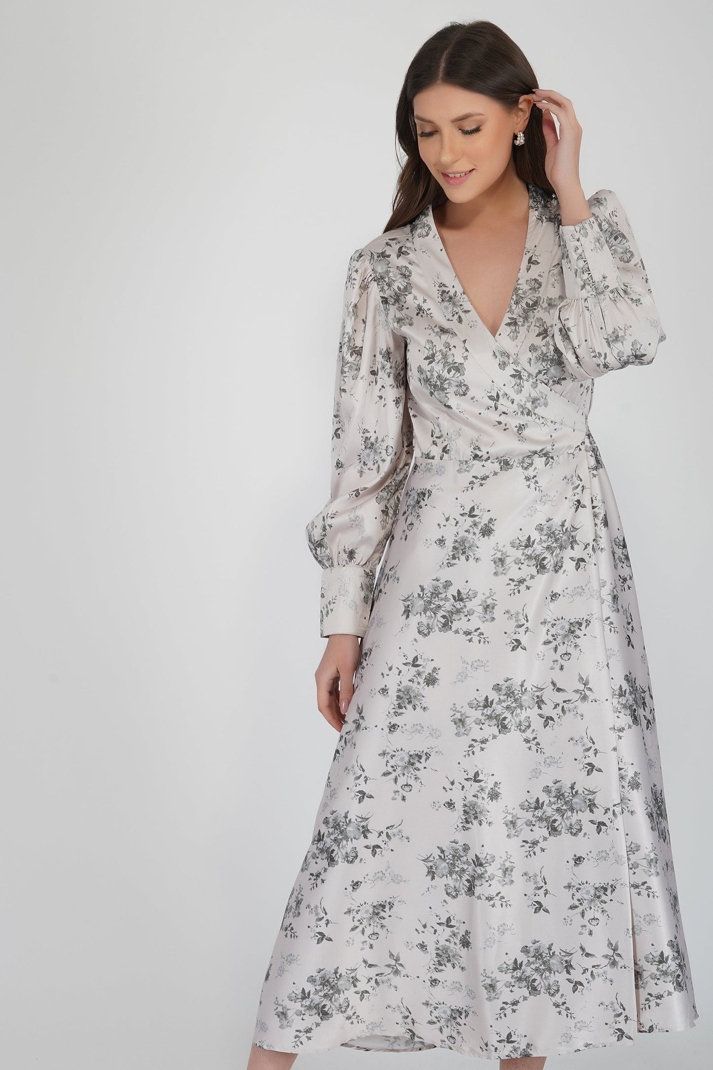  Talia Champagne Satin Wrap Midi Dress