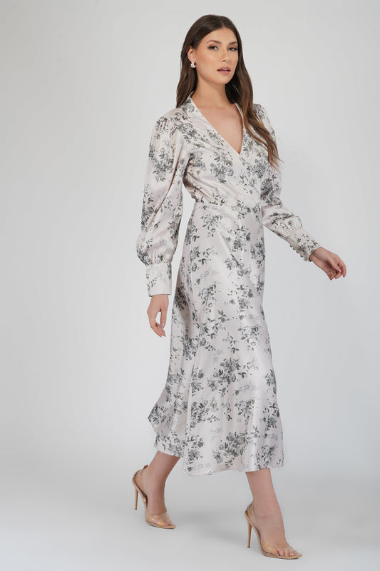  Talia Champagne Satin Wrap Midi Dress