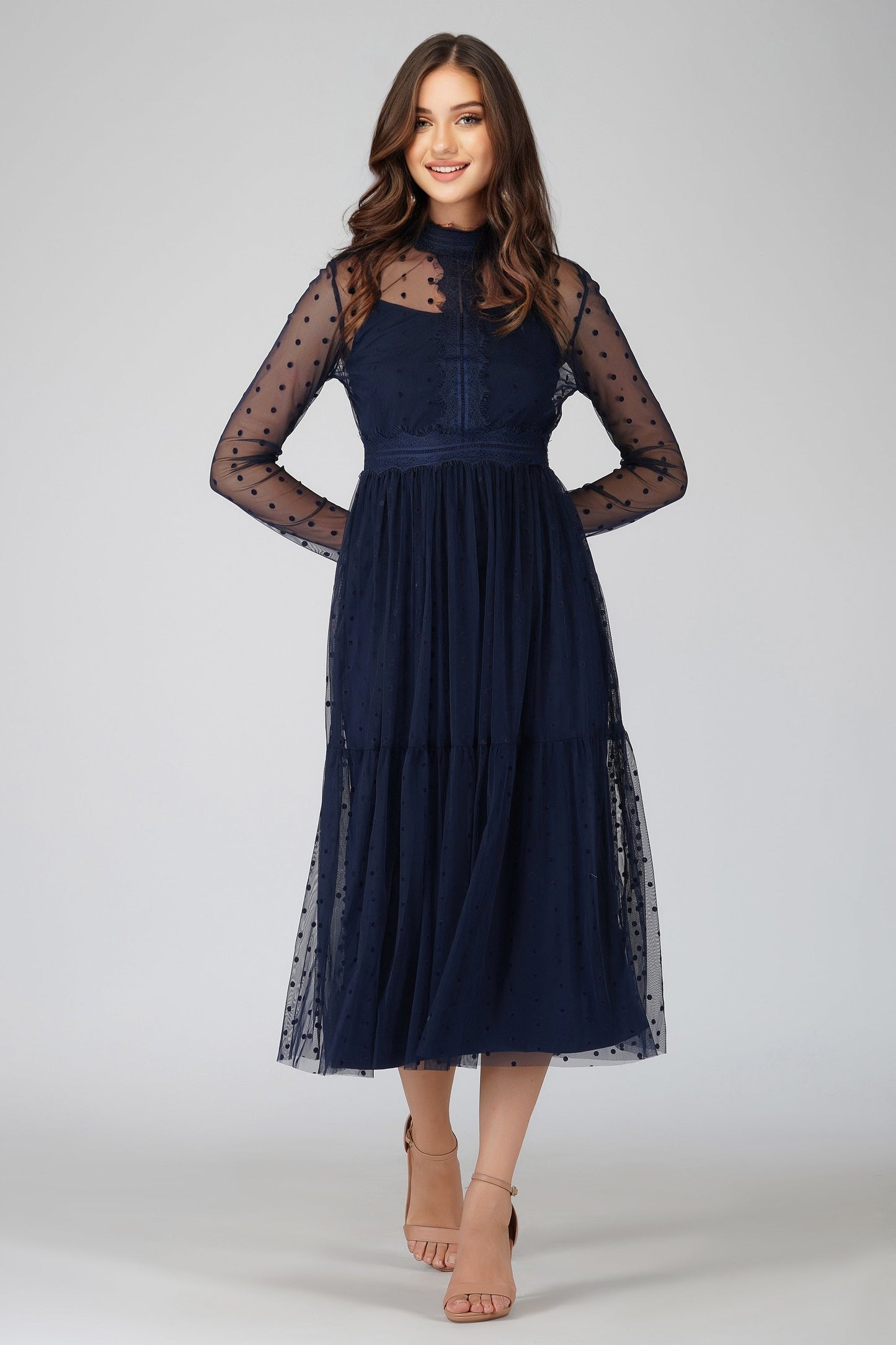  Roman Lola Polka Dot Midi Dress In Navy Blue