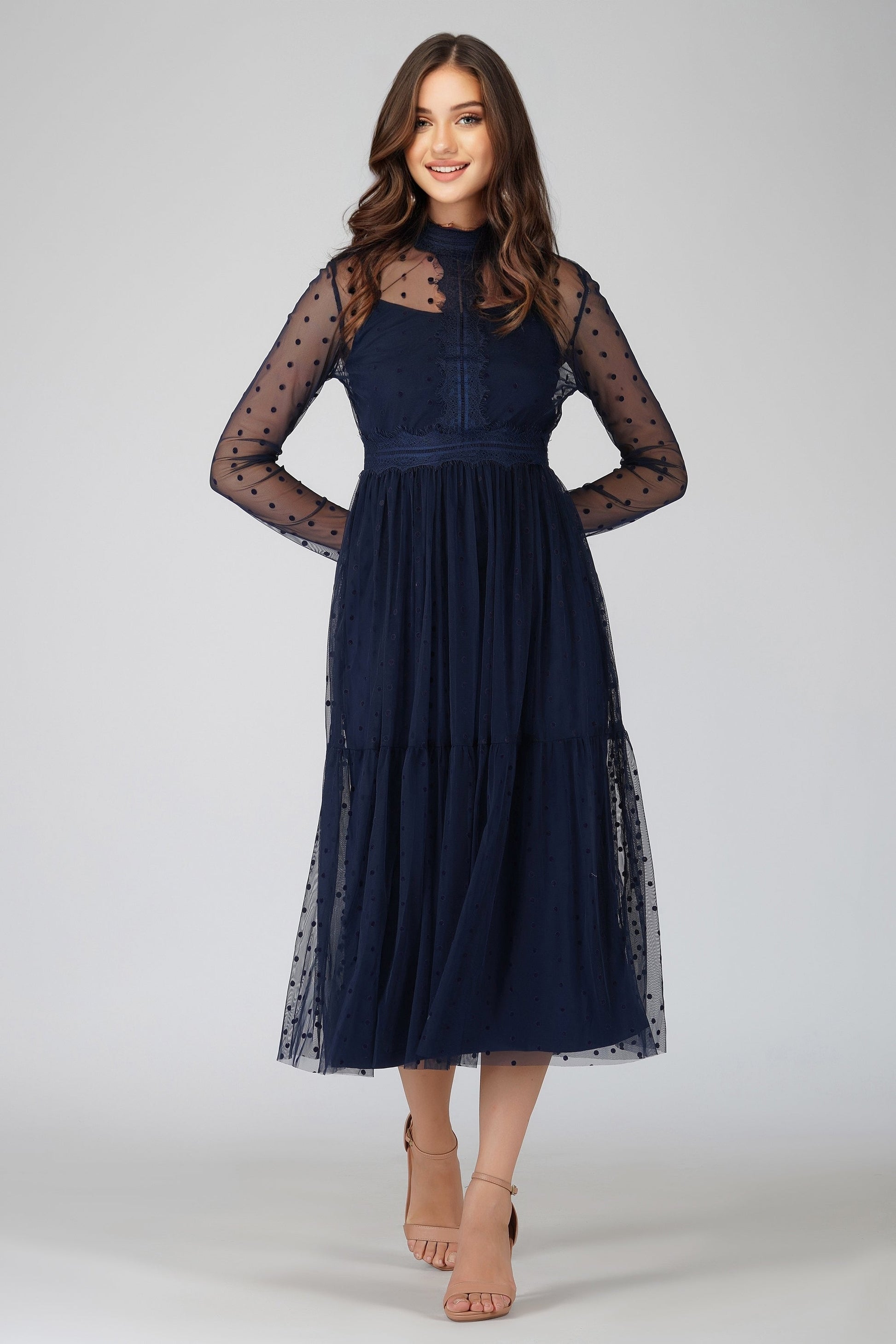 Roman Lola Polka Dot Midi Dress In Navy Blue