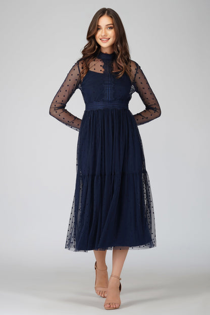  Roman Lola Polka Dot Midi Dress In Navy Blue