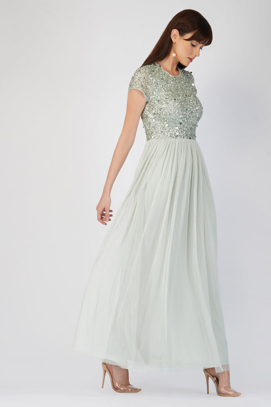  Picasso Short Sleeve Sage Green Embellished Dress