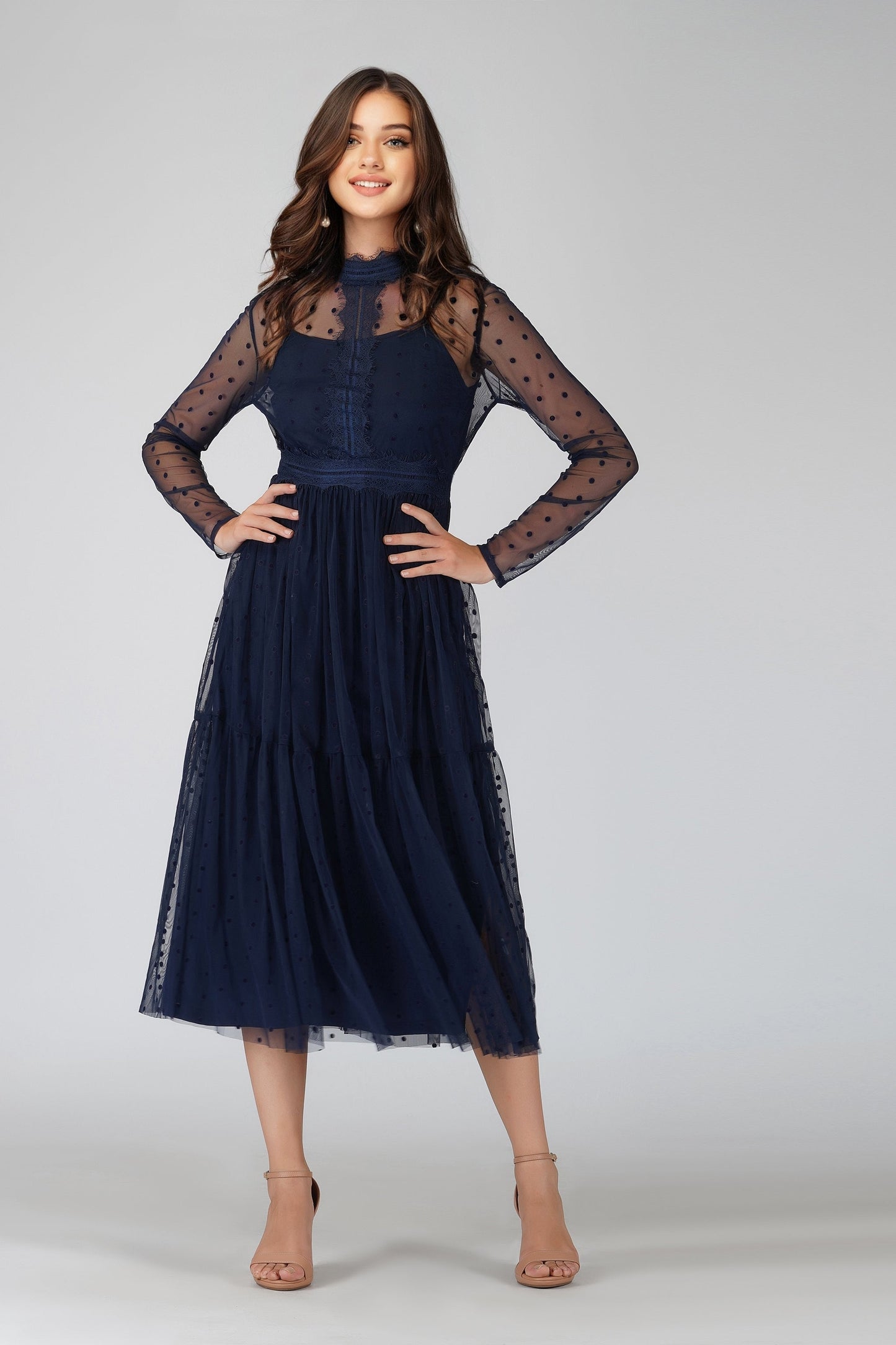  Roman Lola Polka Dot Midi Dress In Navy Blue