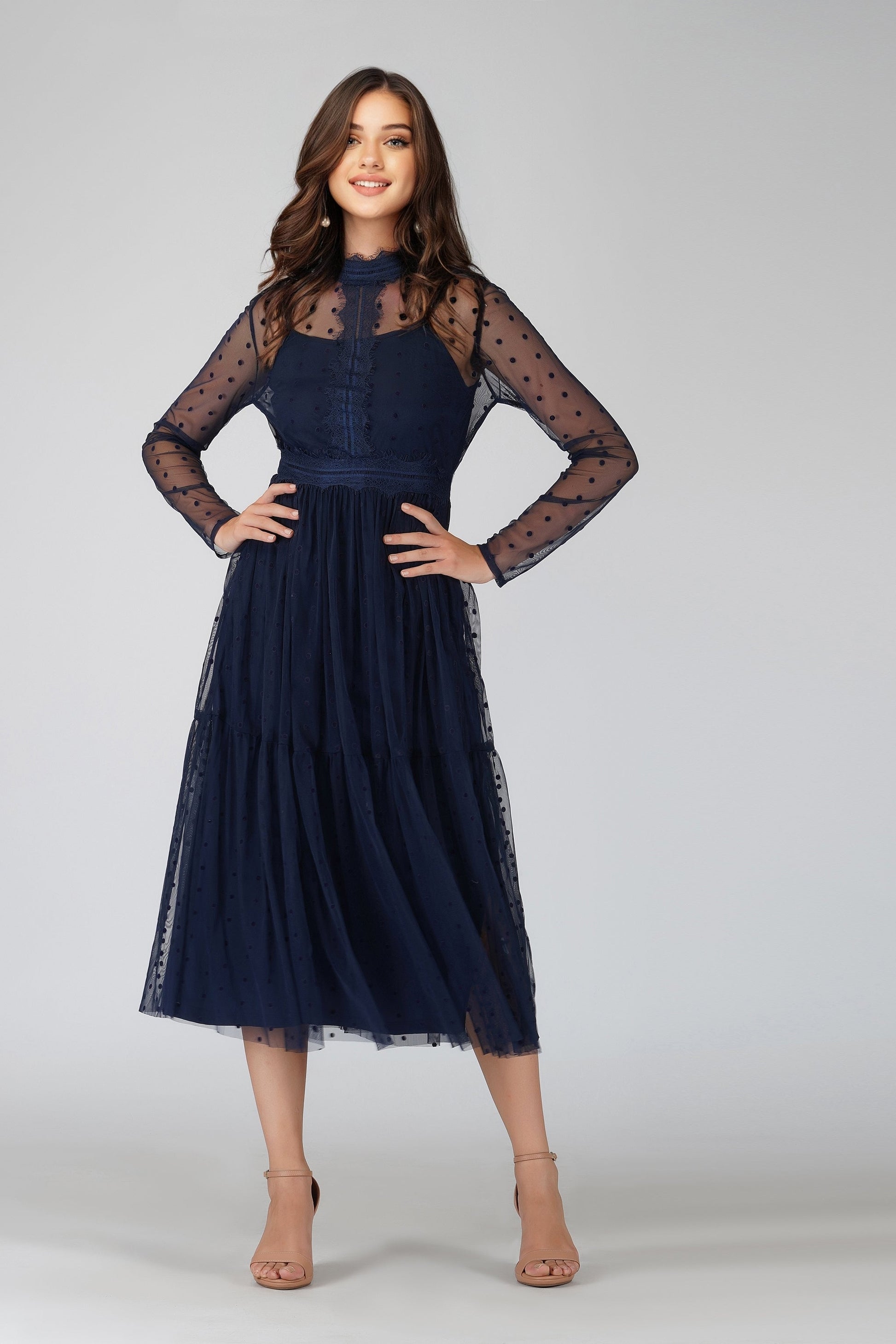  Roman Lola Polka Dot Midi Dress In Navy Blue