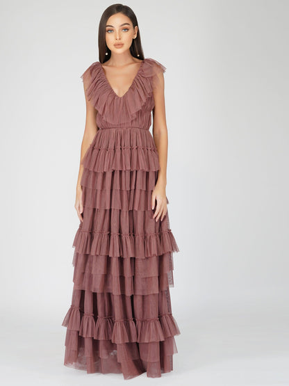  Alexandra Merlot Tulle Maxi Dress