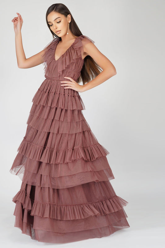  Alexandra Merlot Tulle Maxi Dress