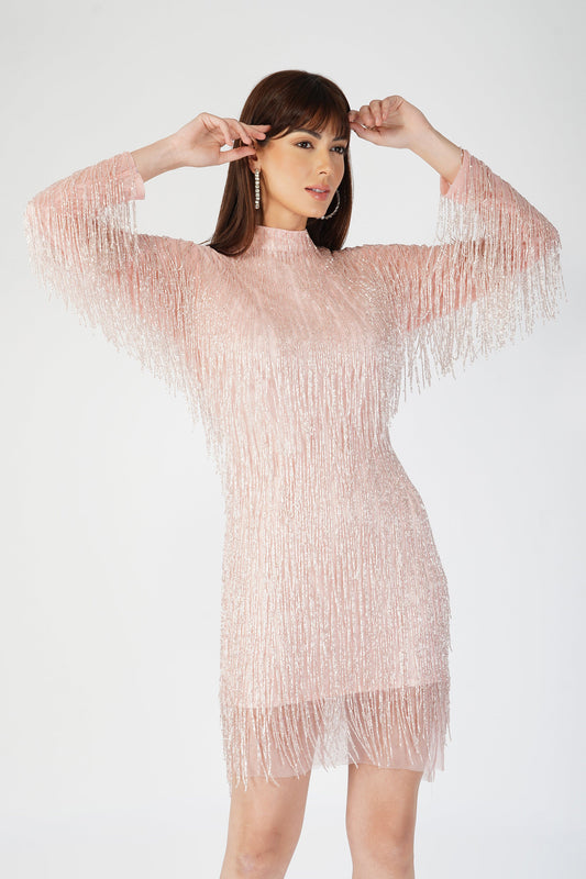  Elena Embellished Pink Tassel Mini Dress