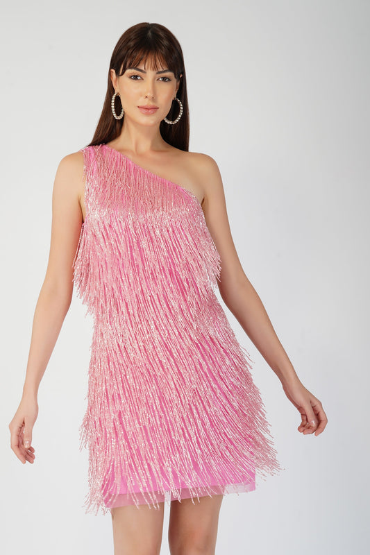  Amarato Embellished Pink Fringe Mini Dress