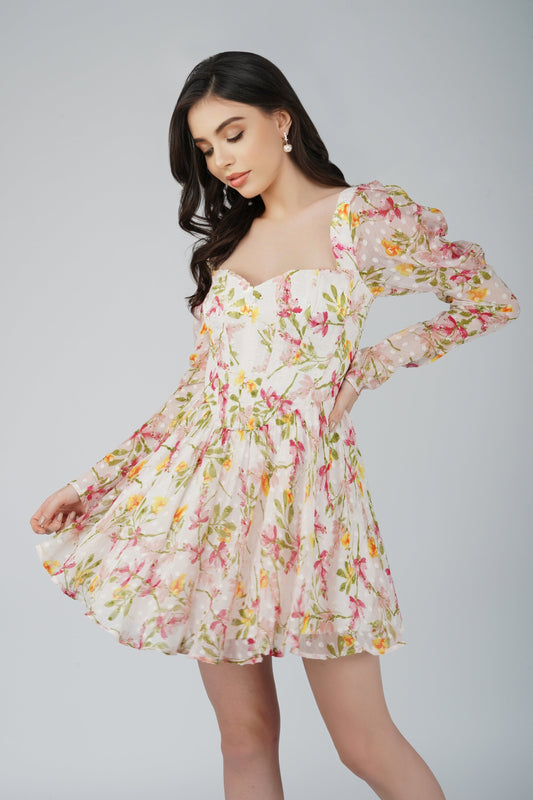  Bone White Floral Corset Dress