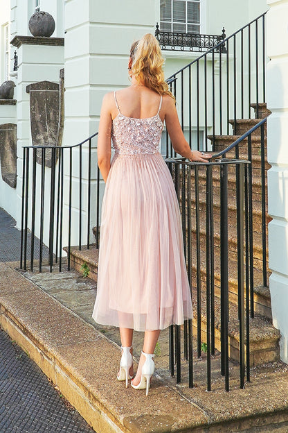  Riri Nude Pink Embellished Midi Dress