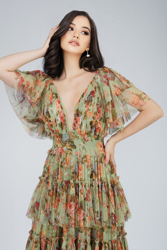  Exham Printed Tulle Maxi Dress In Green Floral