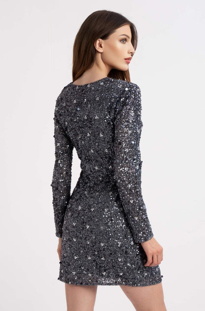  Gwen Grey Long Sleeve Embellished Mini Dress
