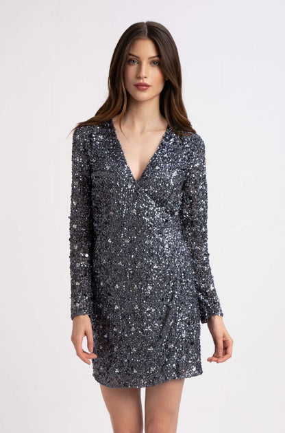  Gwen Grey Long Sleeve Embellished Mini Dress