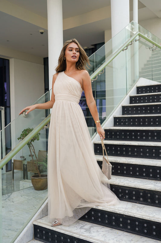  One Shoulder Mesh Maxi Dress