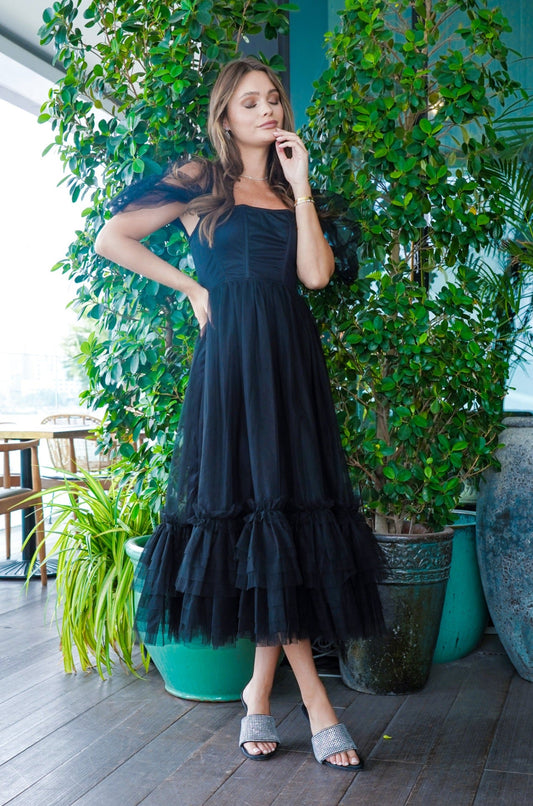  Jayne Black Tulle Midi Dress