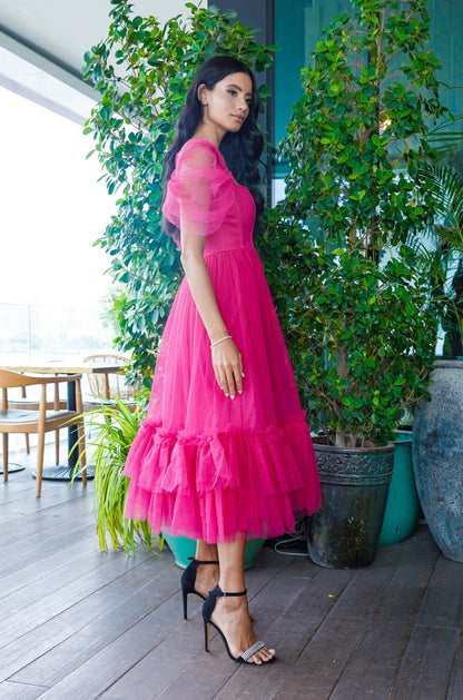  Jayne Bright Pink Tulle Midi Dress