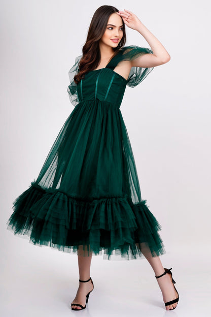  Jayne Emerald Green Tulle Midi Dress