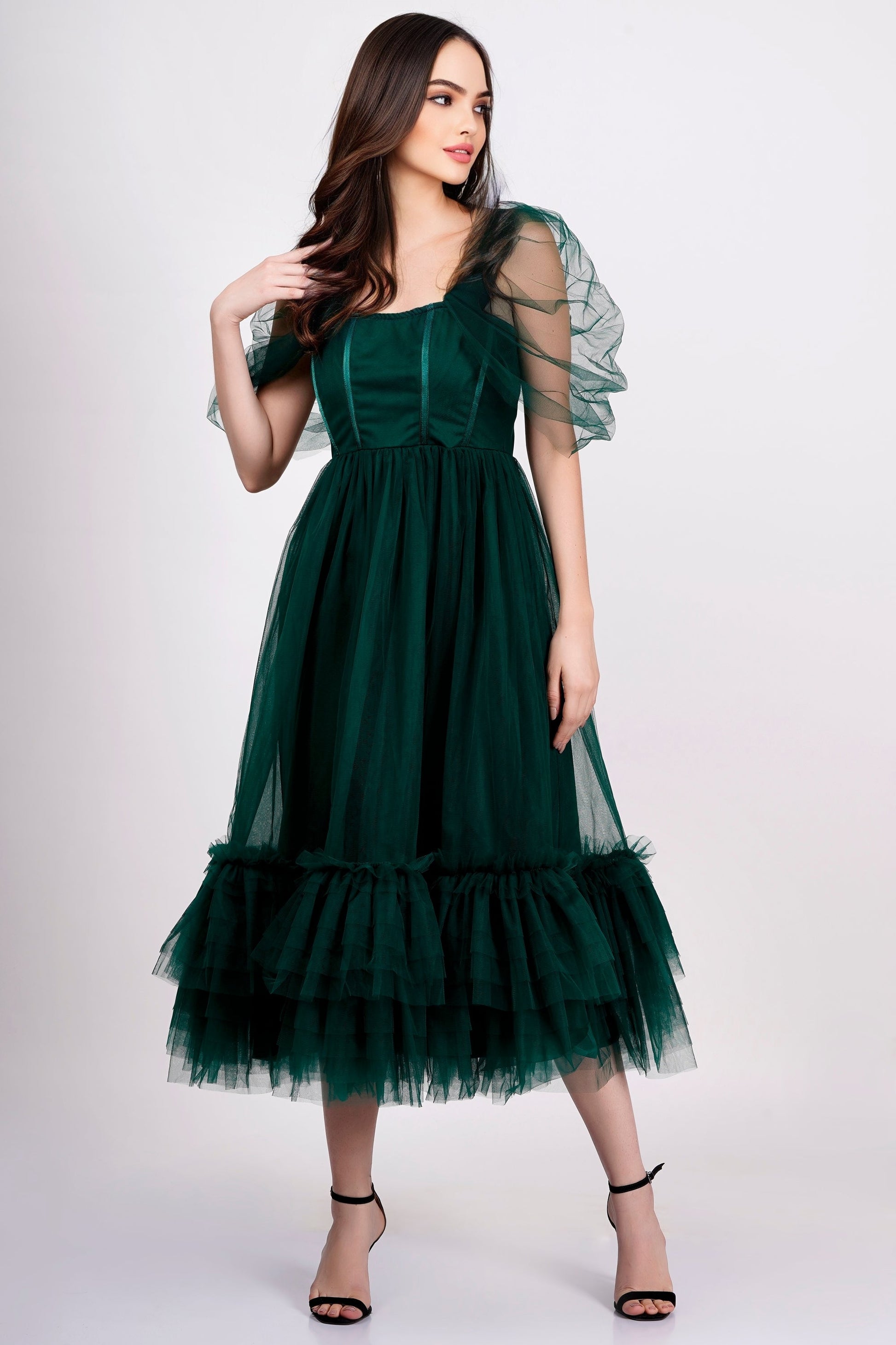  Jayne Emerald Green Tulle Midi Dress