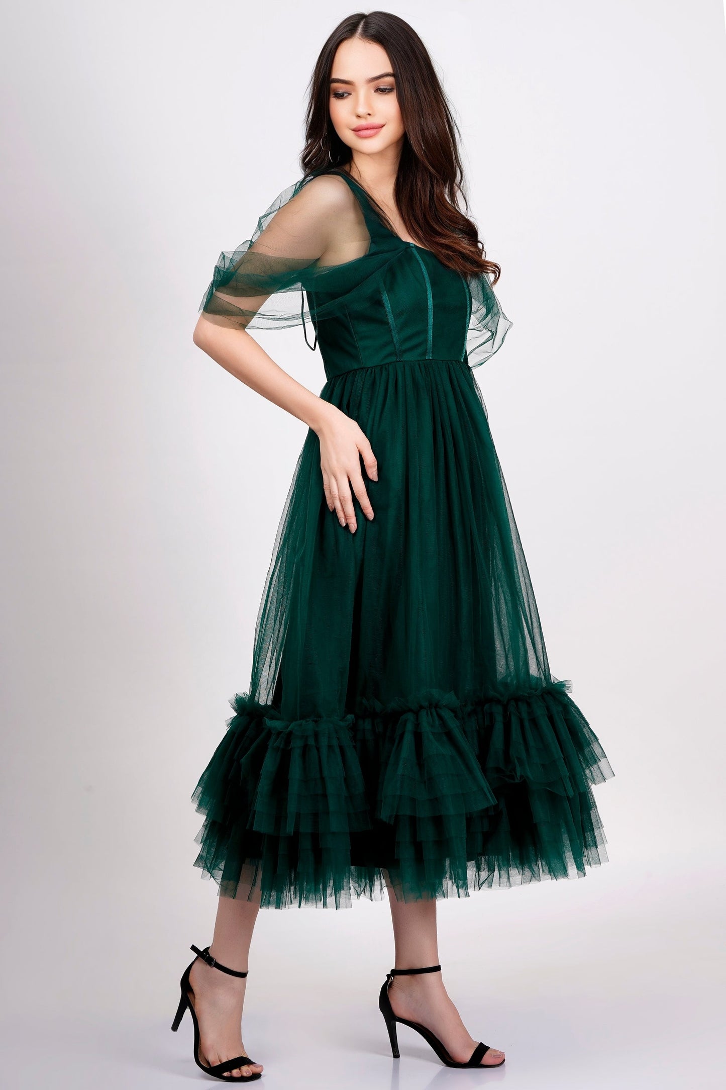  Jayne Emerald Green Tulle Midi Dress