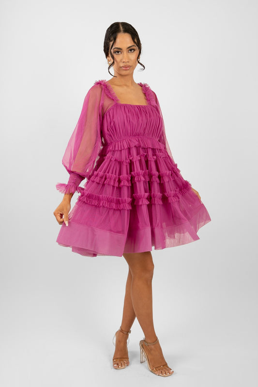  Jessica Tulle Smock Mini Dress In Vivid Purple