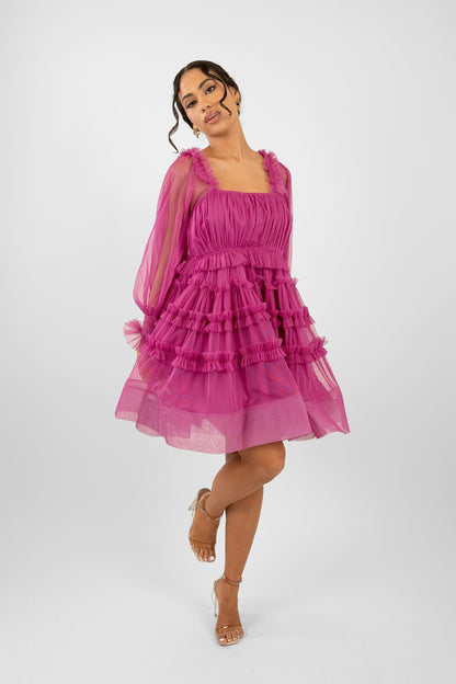  Jessica Tulle Smock Mini Dress In Vivid Purple