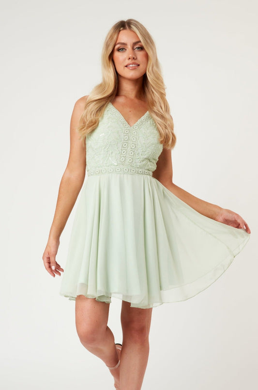 Cheri Embroidered Mint Green Skater Dress