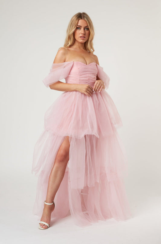  Sydney Off Shoulder Tulle Maxi Dress In Powder Pink