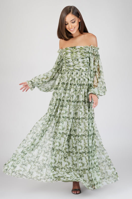  Lana Green Floral Printed Tulle Dress