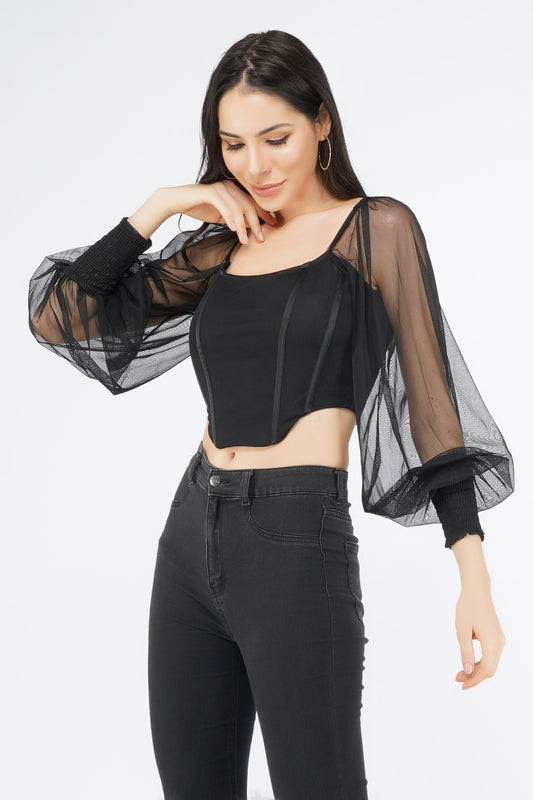  Luca Black Long Sleeve Corset Top