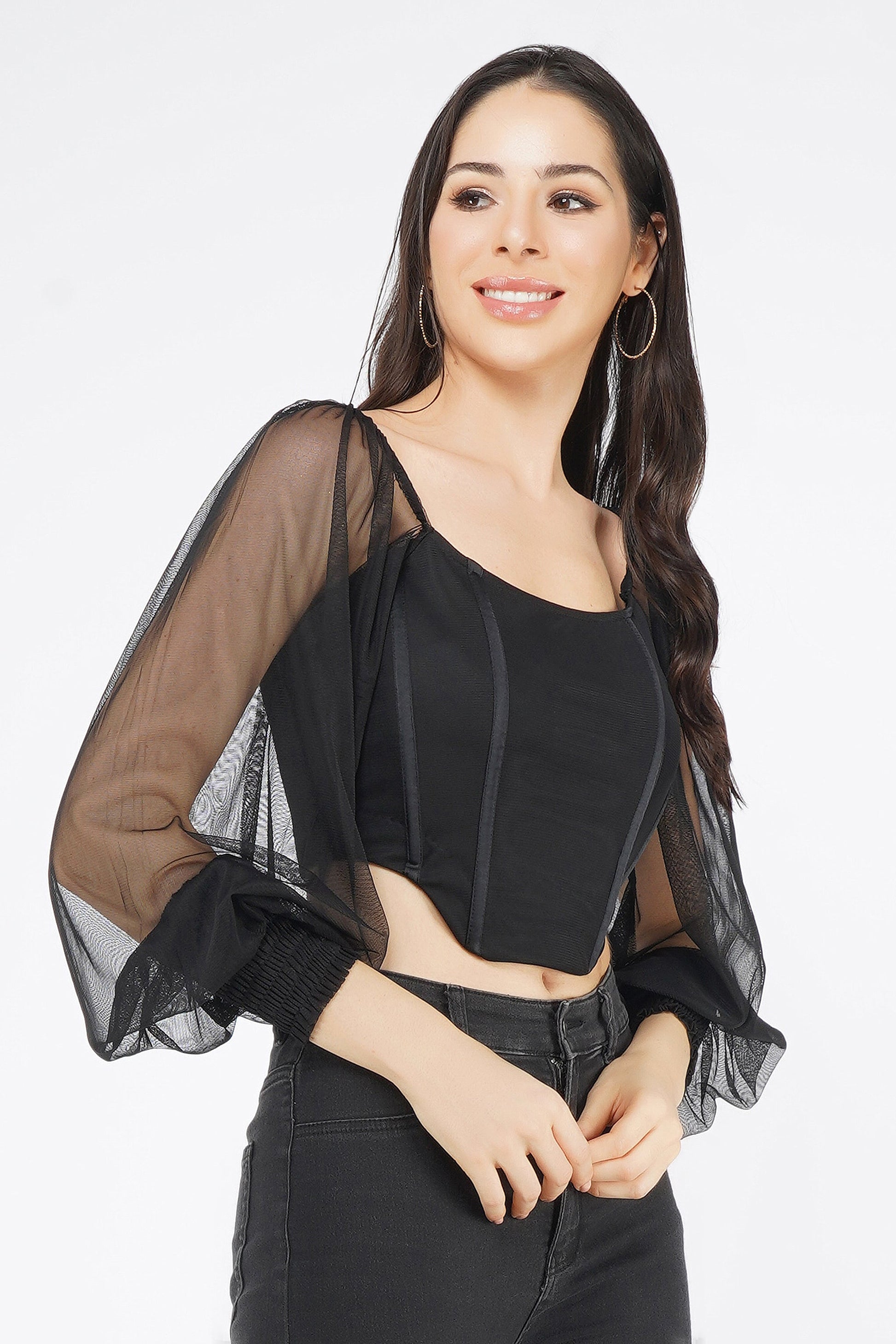  Luca Black Long Sleeve Corset Top