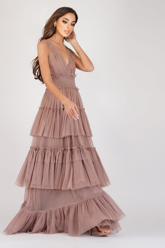  Luna Mink Tulle Plunge Maxi Dress
