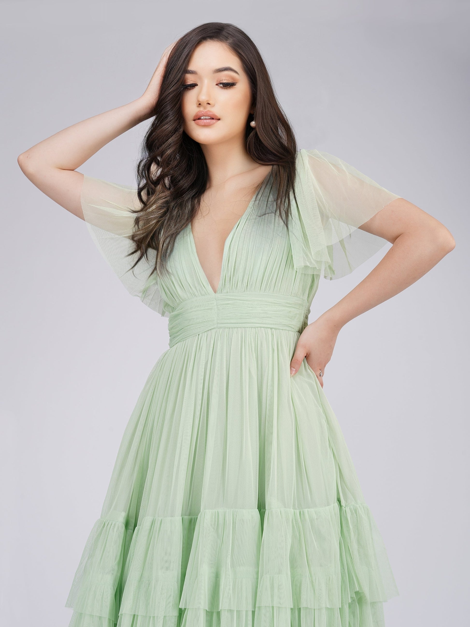 Madison Sage Green Tulle Bridesmaid Midi Dress