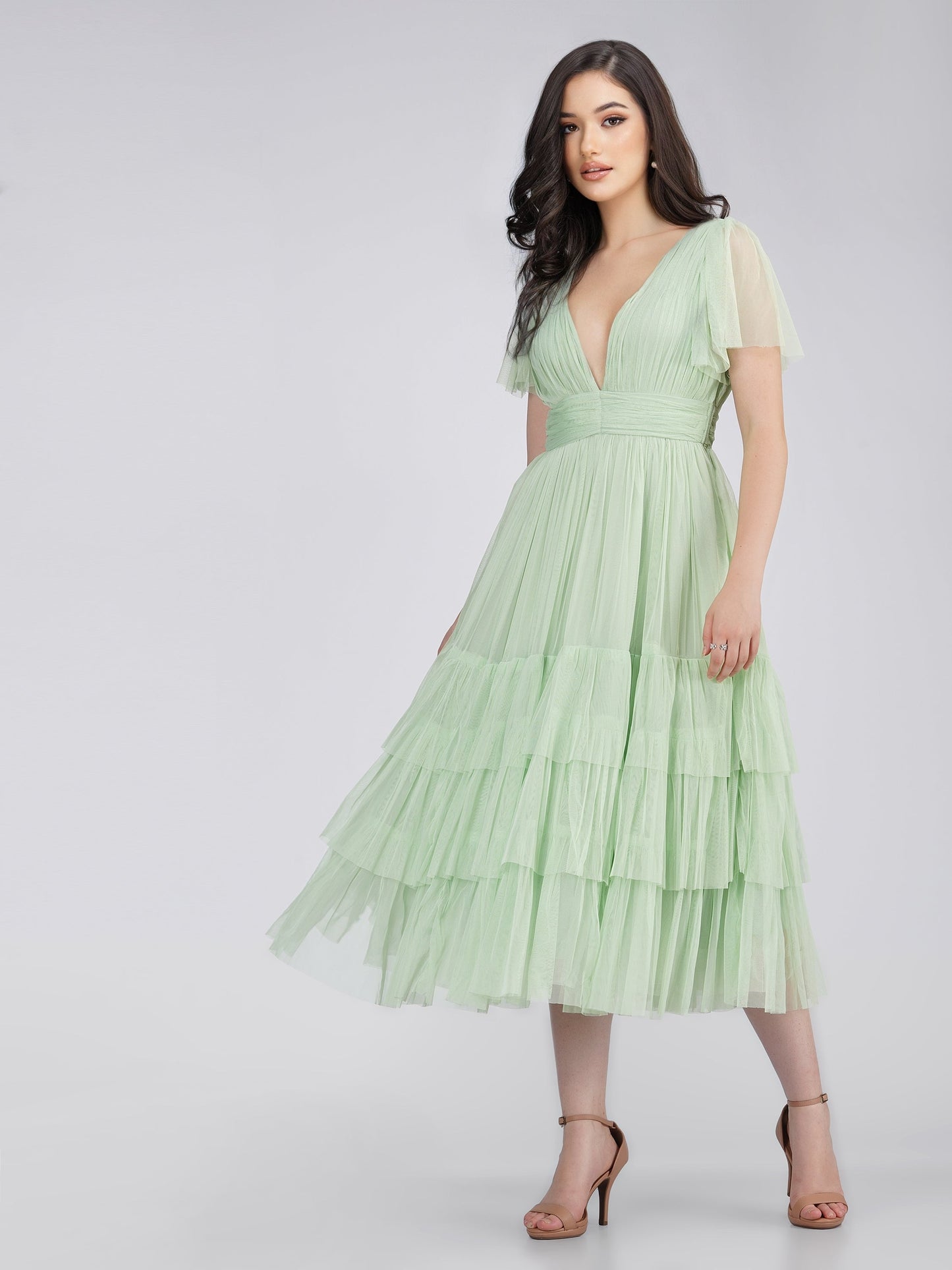  Madison Sage Green Tulle Bridesmaid Midi Dress