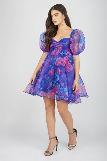  Melanie Puff Sleeve Organza Mini In Cobalt Floral