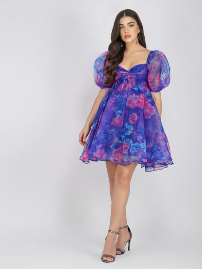  Melanie Puff Sleeve Organza Mini In Cobalt Floral