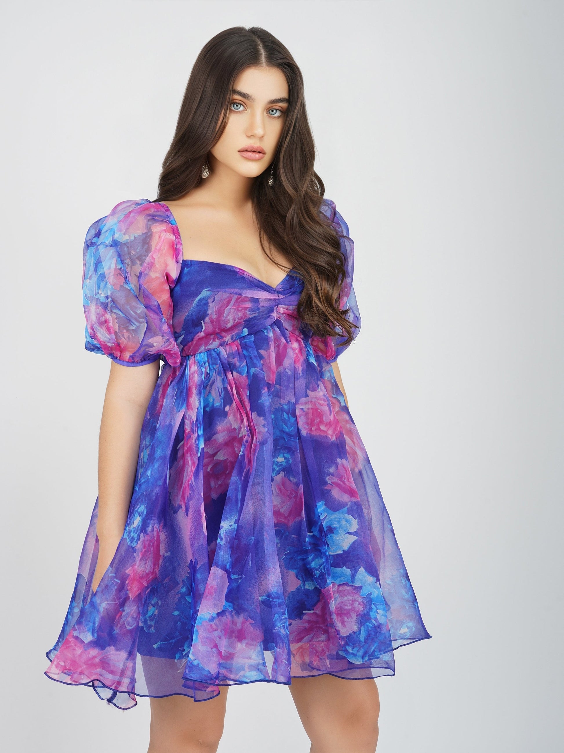  Melanie Puff Sleeve Organza Mini In Cobalt Floral