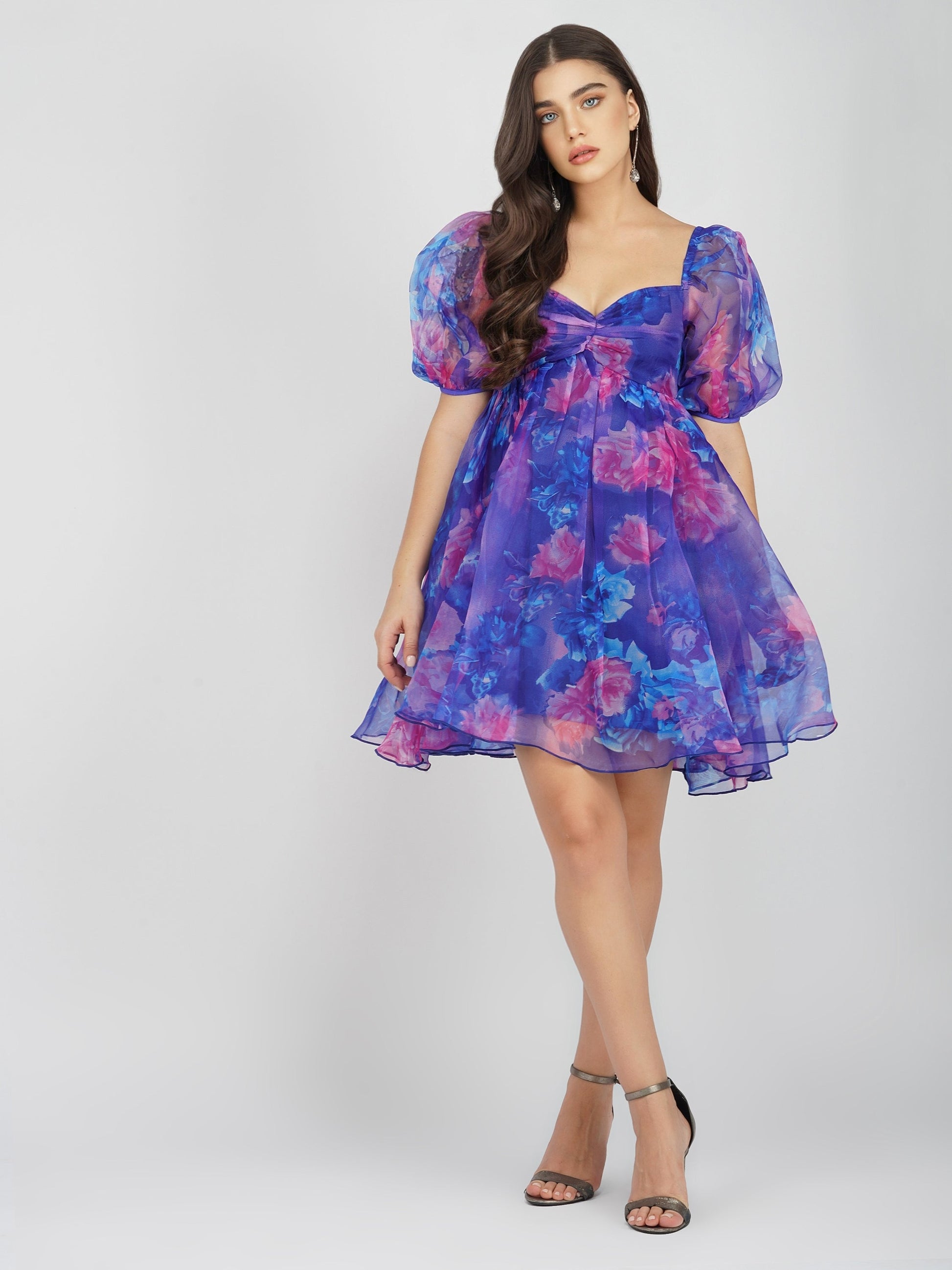  Melanie Puff Sleeve Organza Mini In Cobalt Floral